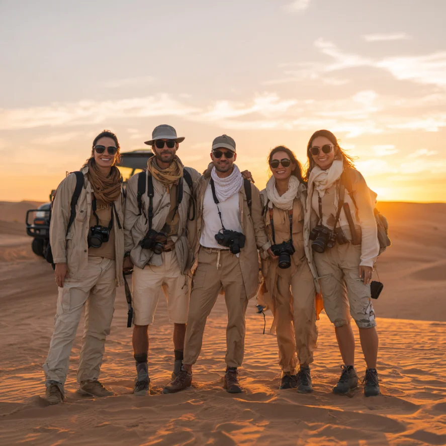 Group of five people wearing light beige outdoor clothing and sunglasses, standing on desert sand at sunset with cameras around their necks.