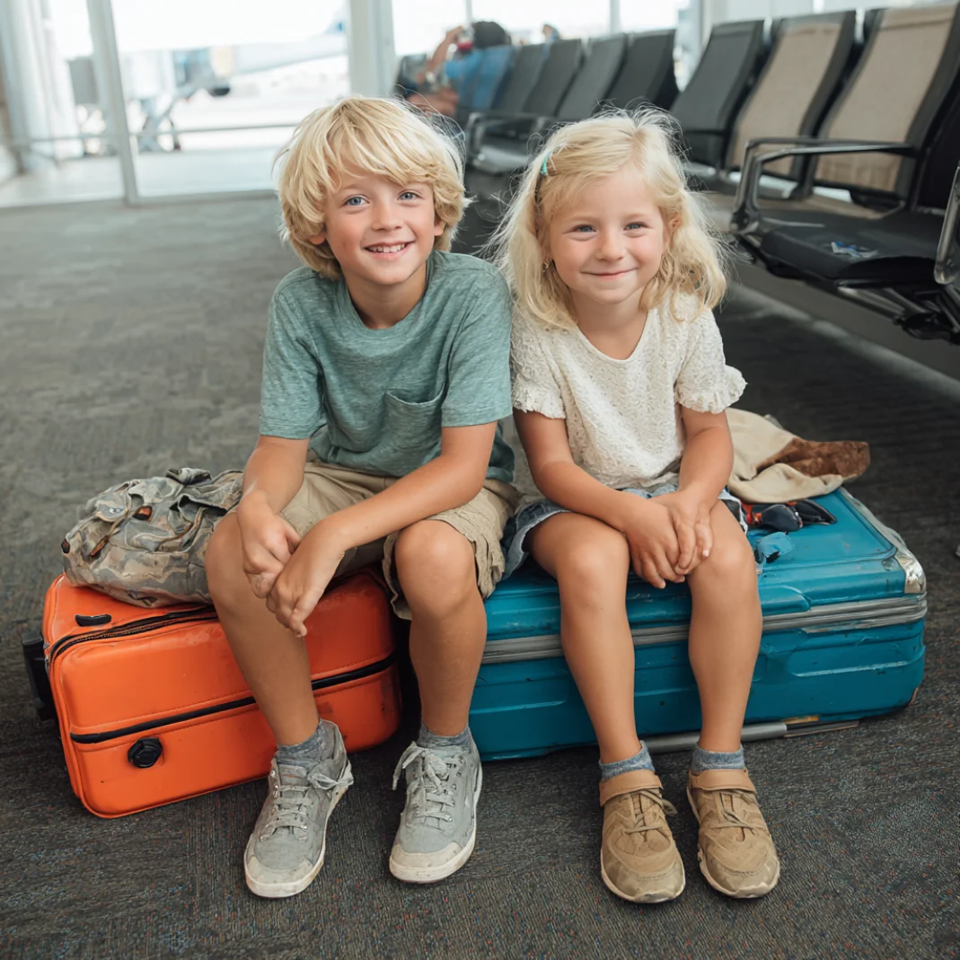 Two smiling children sitting on their suitcases in an airport waiting area.