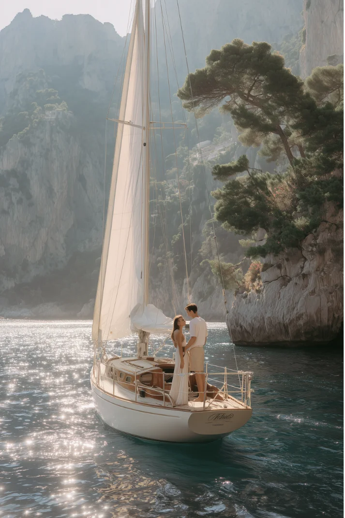 A couple stands close together on a sailboat in sparkling water near rocky cliffs with trees.