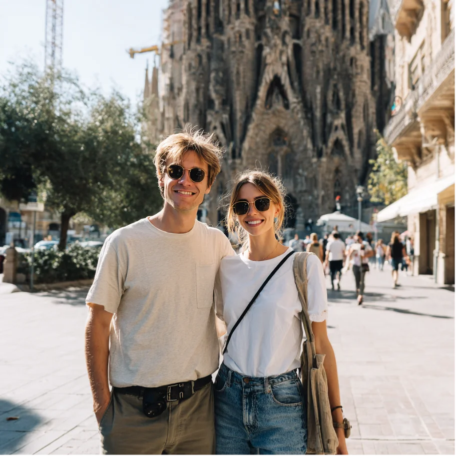Smiling young couple wearing sunglasses posing on a sunny street with historic architecture in the background.