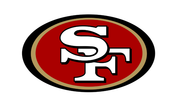 San Francisco 49ers logo with interlocking white S and F letters on a red oval background bordered in gold and black.
