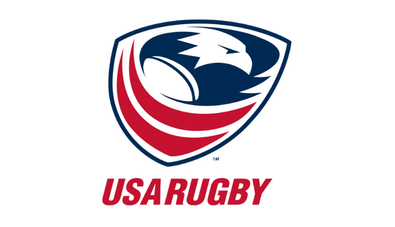 USA Rugby logo featuring a stylized eagle head and rugby ball inside a shield with red and blue stripes, with the text 'USA RUGBY' below.