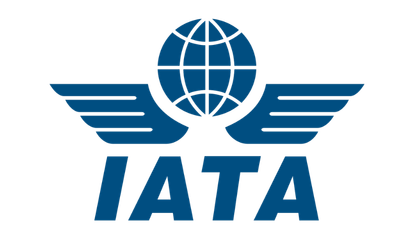 IATA logo with stylized wings and a globe above the acronym in blue.
