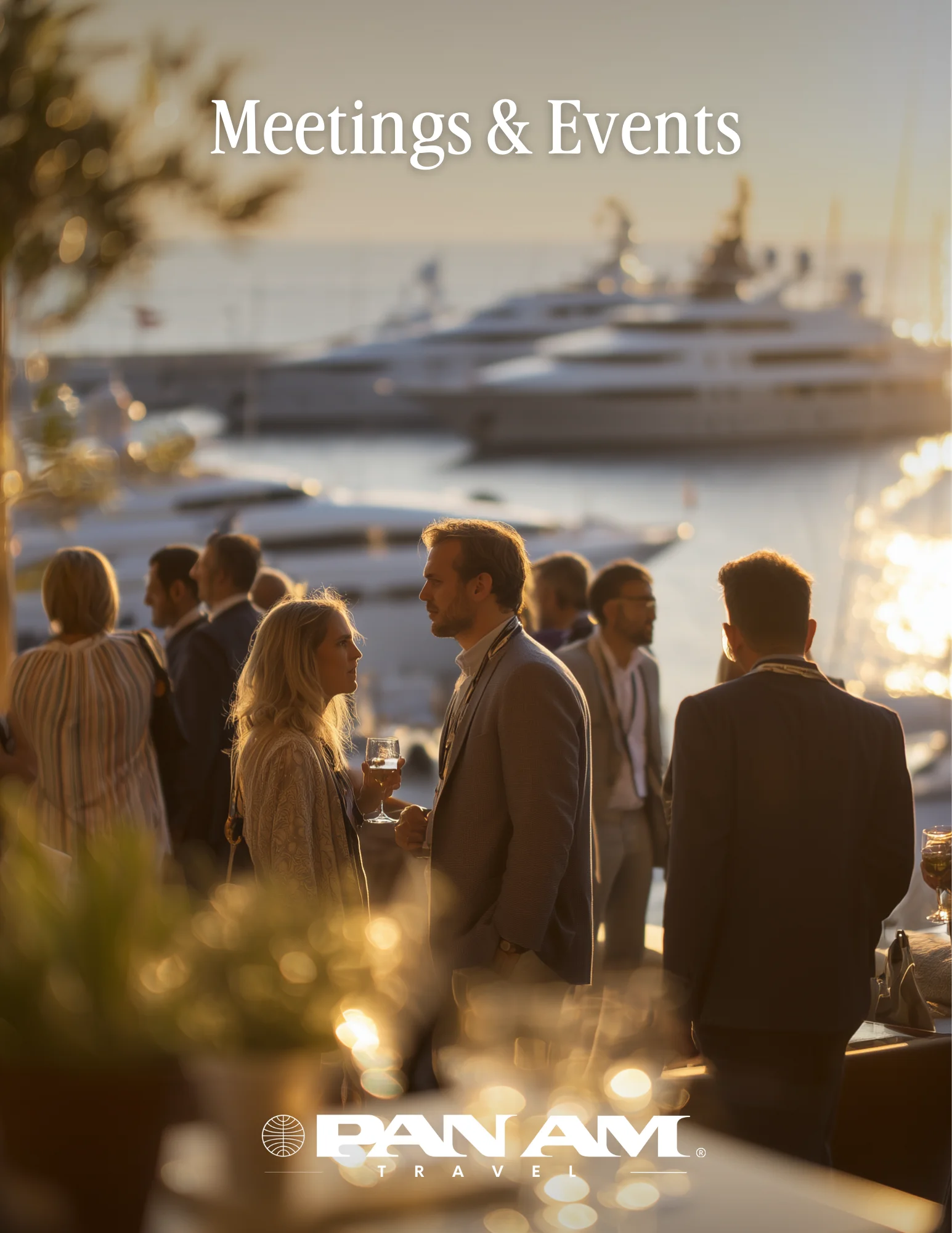 People networking at a sunset waterfront event with yachts in the background and ‘Meetings & Events’ text above.
