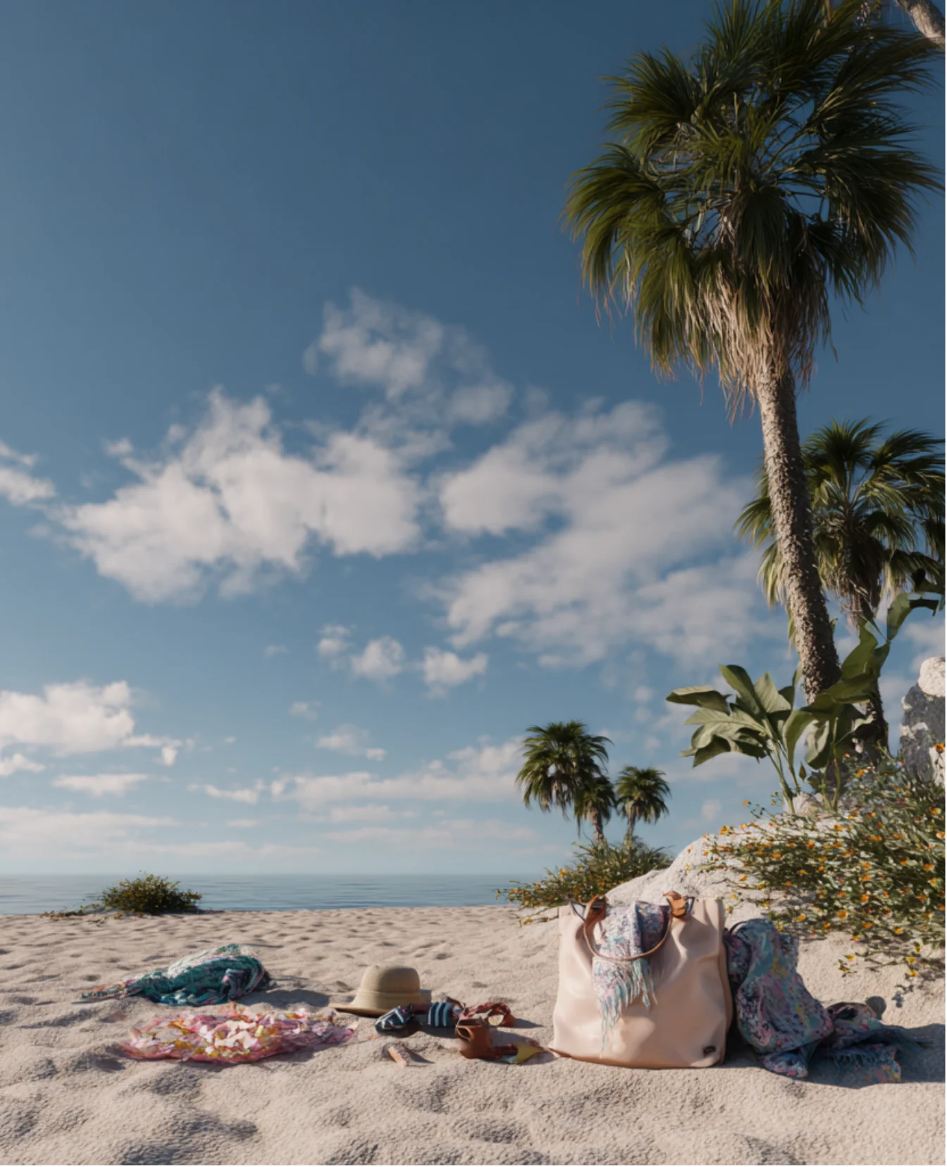 Beach scene with a large palm tree, sunny sky, ocean in the distance, and a beach bag, hat, and scarves laid out on the sand.