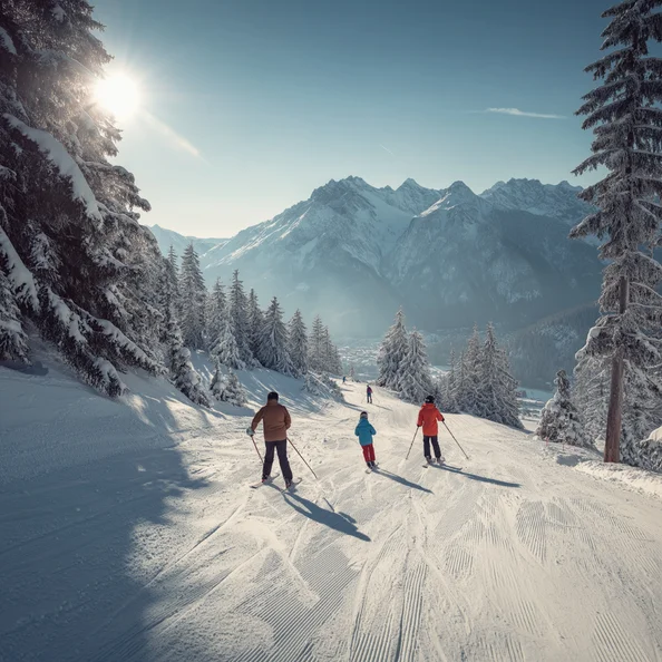 Four people skiing down a snowy mountain slope surrounded by snow-covered trees and distant mountain peaks under a bright sun.