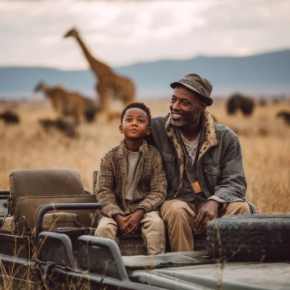 A man and a boy sitting on a safari vehicle with giraffes and other wildlife in the background during a safari.