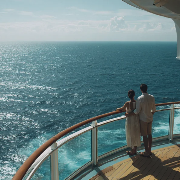Couple standing arm in arm on a ship deck overlooking the sunlit ocean.