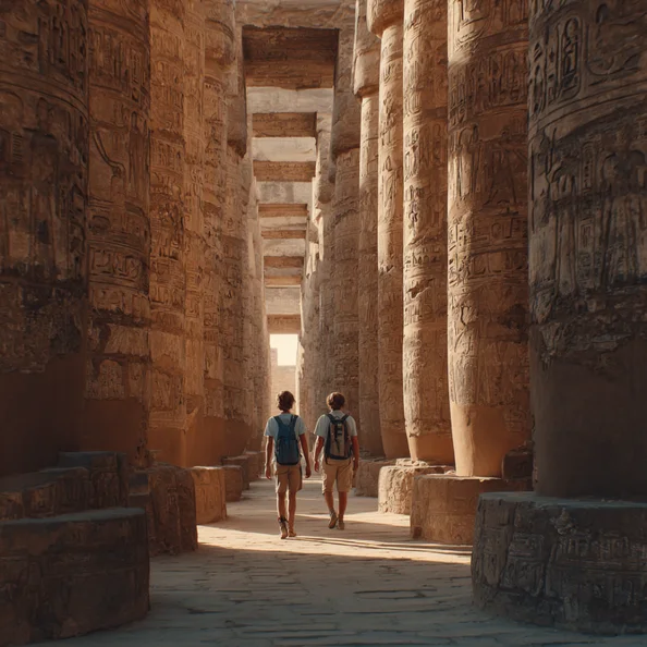 Two tourists walking between tall ancient stone columns engraved with hieroglyphics in an Egyptian temple.