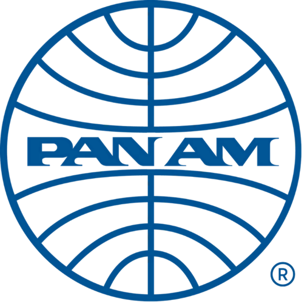 Blue Pan Am logo with stylized globe lines encircling the text.