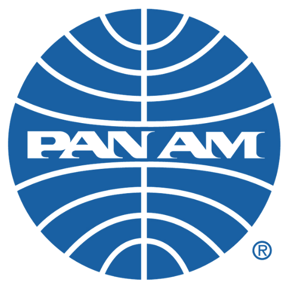 Pan Am logo featuring a blue circular globe with horizontal and vertical lines and the text 'PAN AM' across the center.