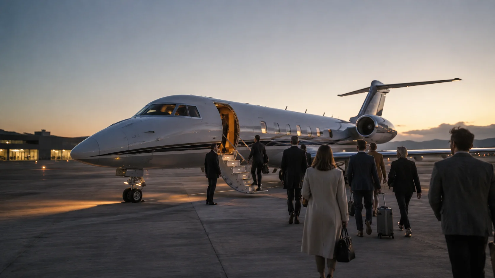 A group boarding an aircraft by airstairs at dusk