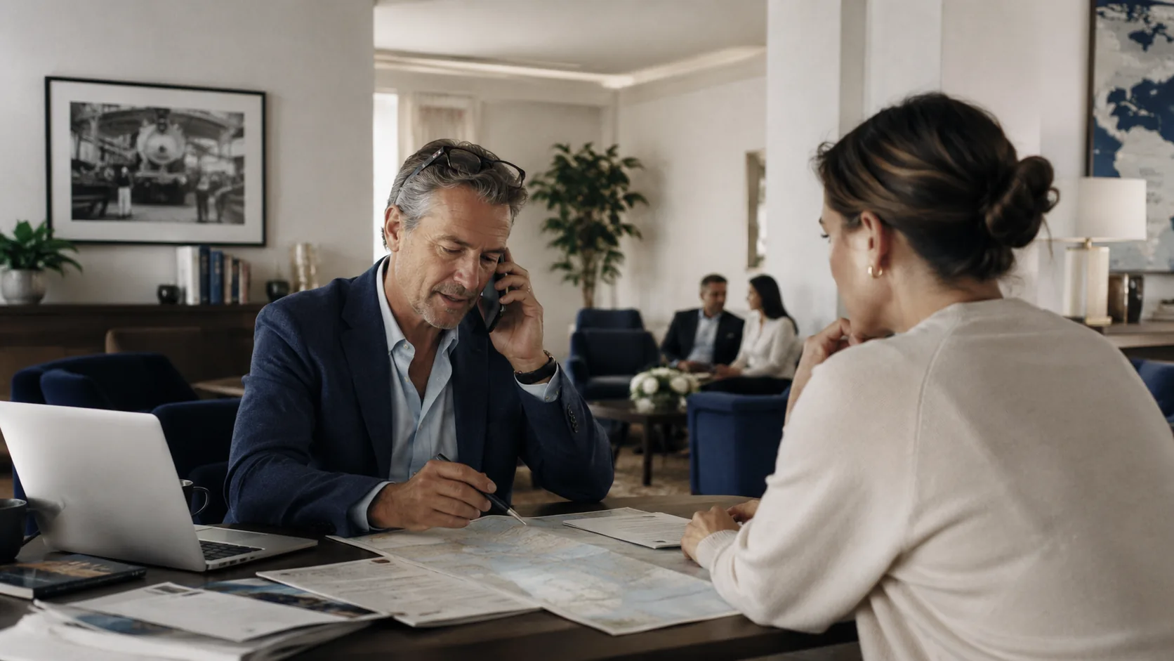A Pan Am travel advisor planning a trip with a client