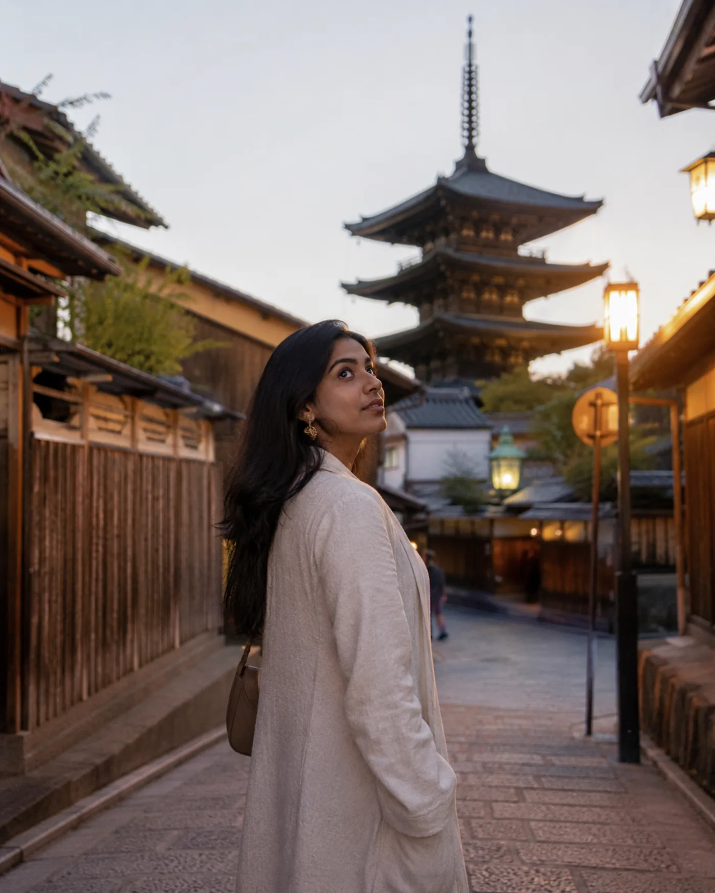 A traveler at an Asian pagoda