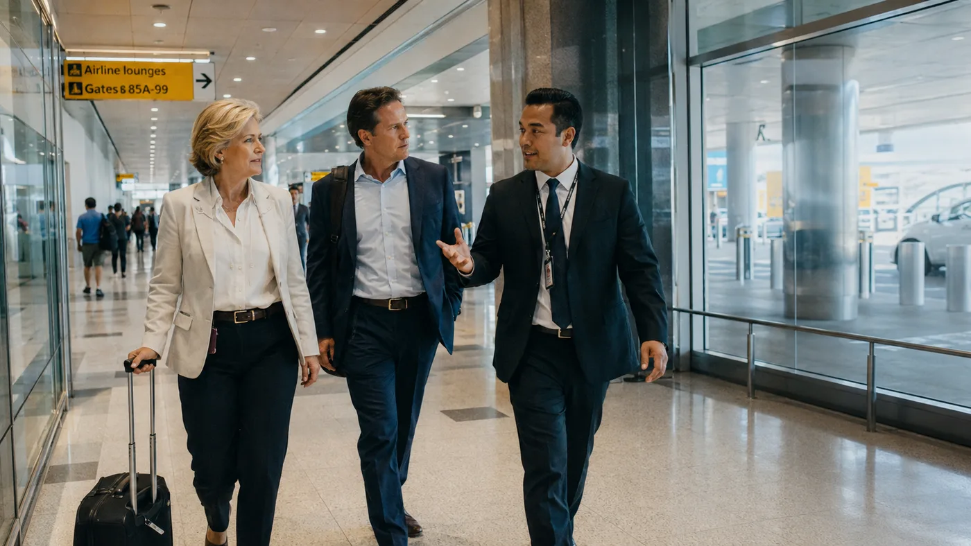A business traveler walking through an airport