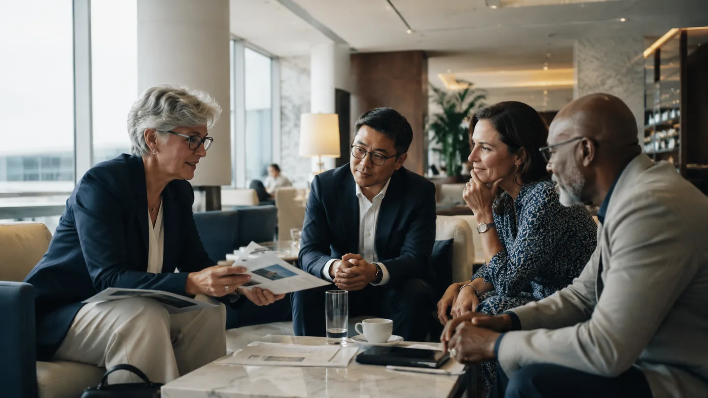 A corporate meeting by a window
