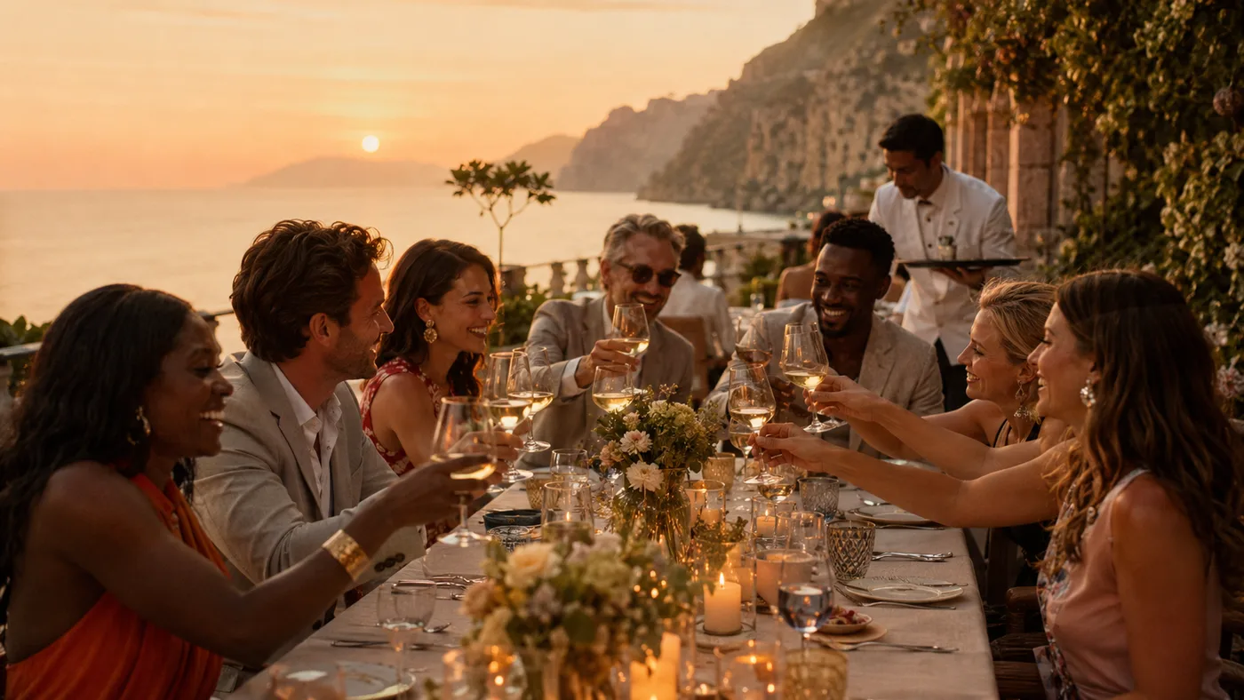 An incentive group dinner at sunset