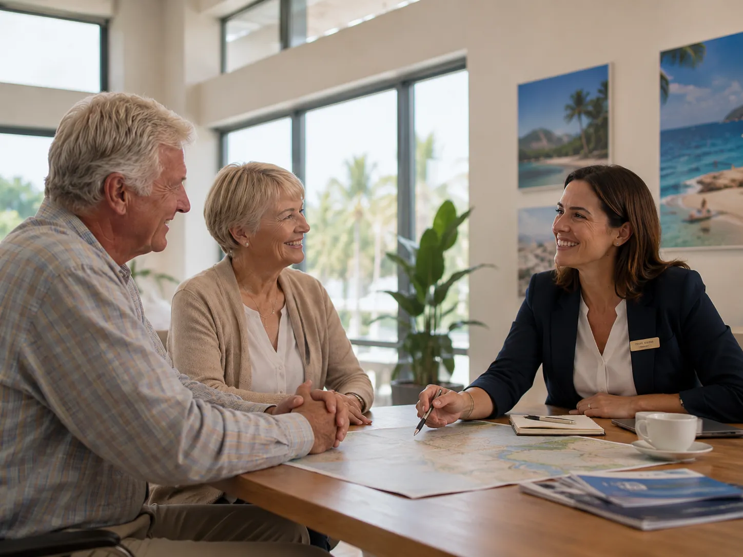 Travel advisor reviewing plans with a smiling couple