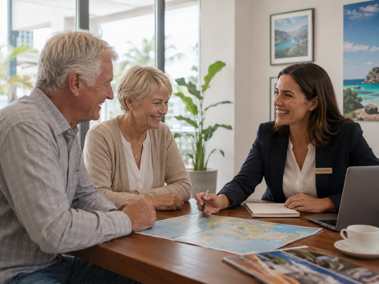 Travel advisor showing a map to an older couple