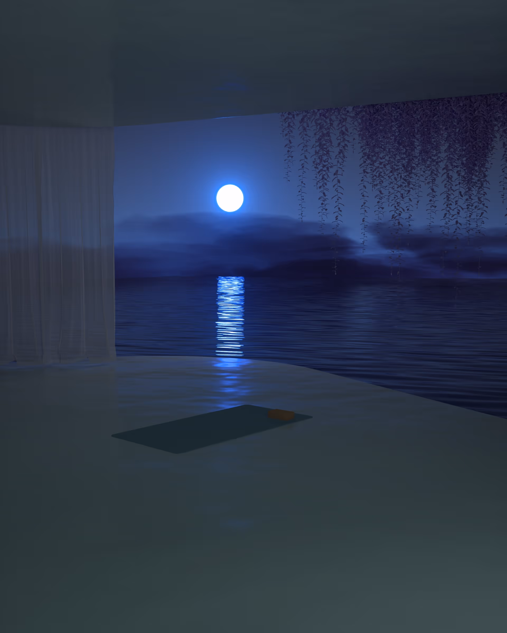 Espace intérieur moderne avec tapis de yoga face à une grande fenêtre montrant la pleine lune au-dessus de l'eau calme la nuit.