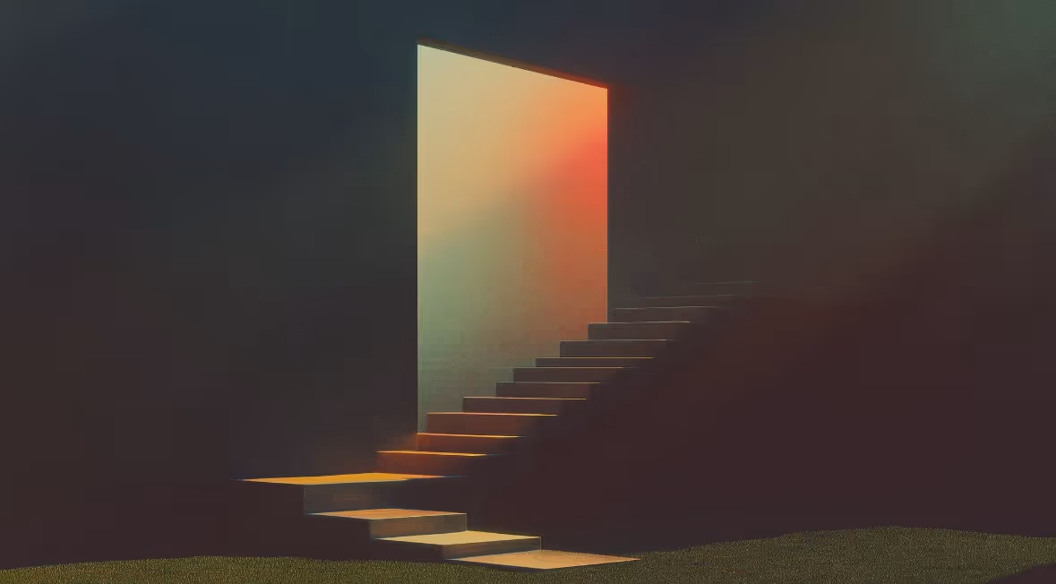 Un escalier menant à une porte lumineuse, représentant la progression de carrière et l'accès aux ressources exclusives de la T"Academy.