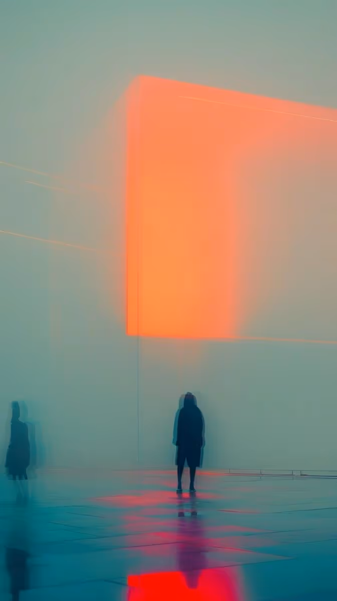 Illustration d'une personne observant une œuvre lumineuse, symbolisant l'échange et le soutien au sein de la communauté d'experts passionnés Ever"T.