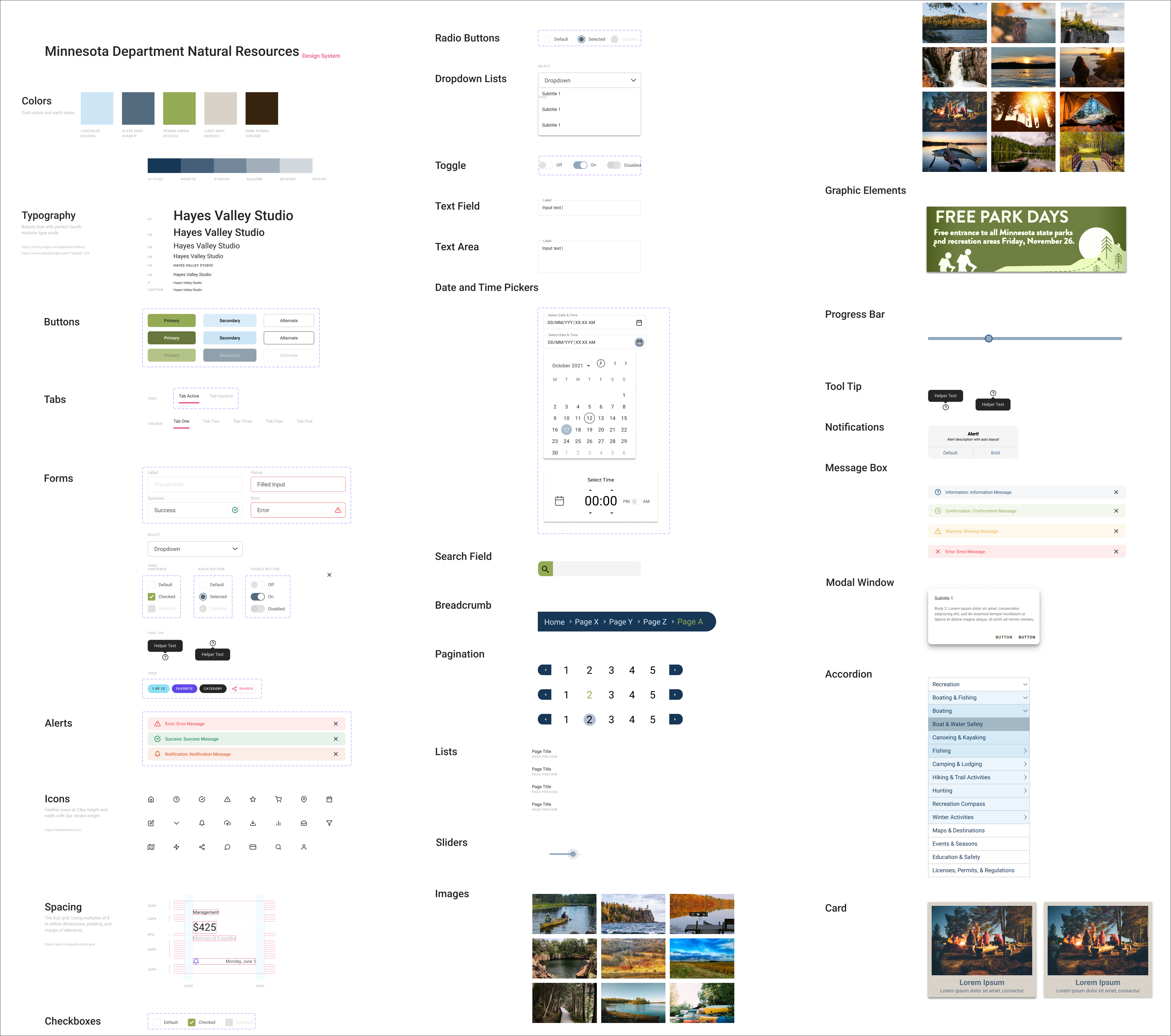 Style guide stating color palette, site interactions, pagination, links, imagery, modals, and icons