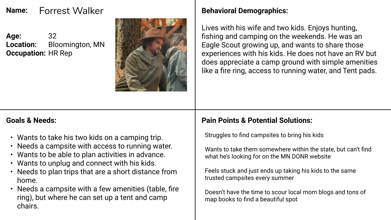 Persona card for fictional user including demographics, goals, needs, pain points, and potential solutions