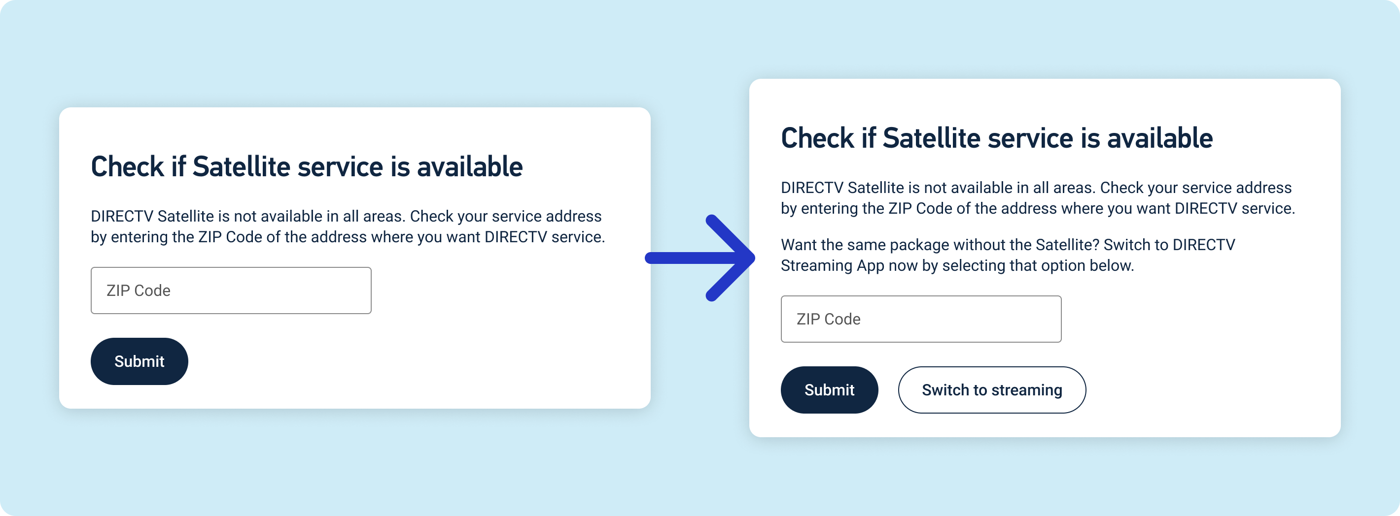 A modal asking the customer for their ZIP Code next to a revised version of the same modal with the option to switch to a streaming service.