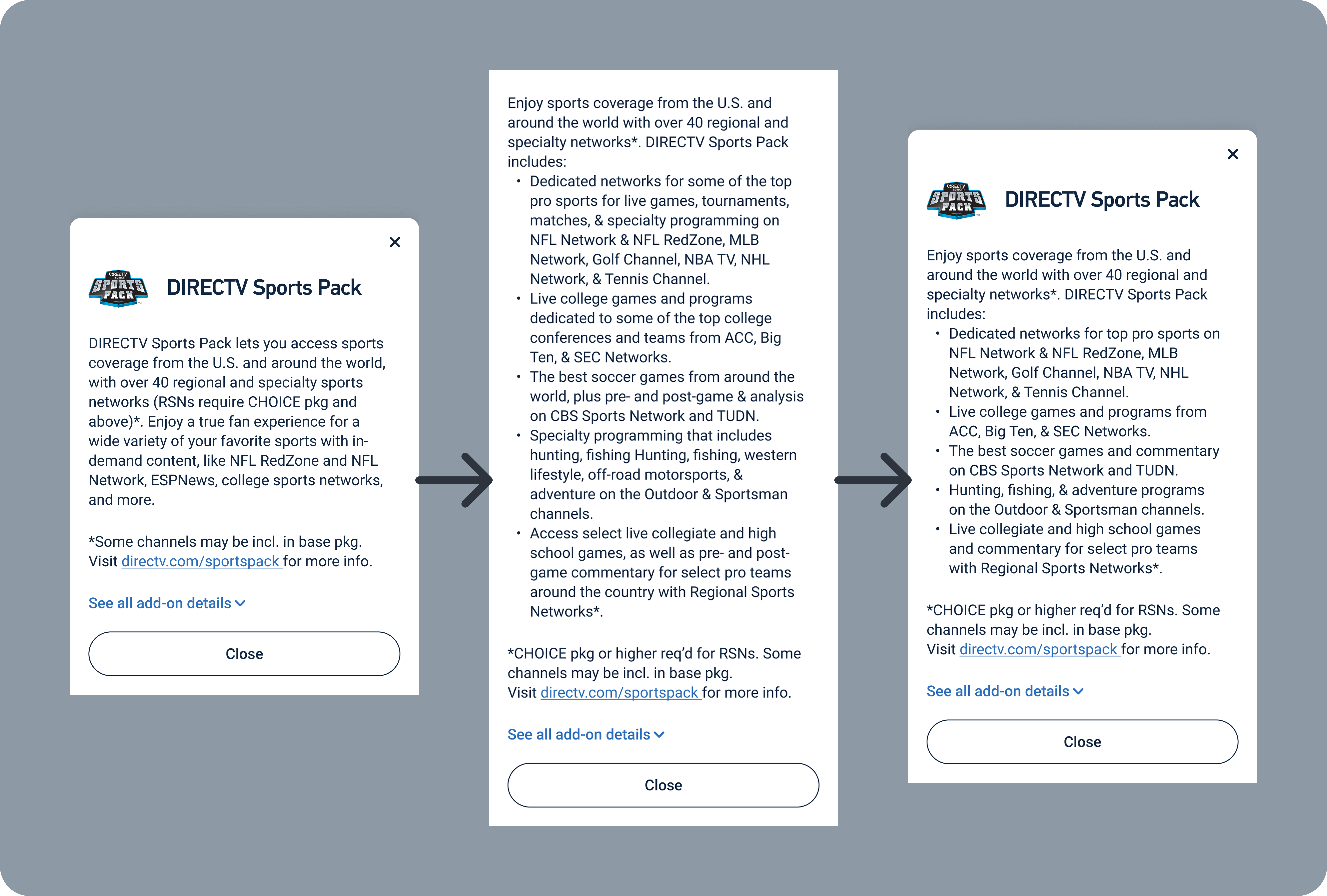 Three modals describing the DIRECTV Sports Pack add-on, with arrows pointing from the first to second and second to third modal showing progression