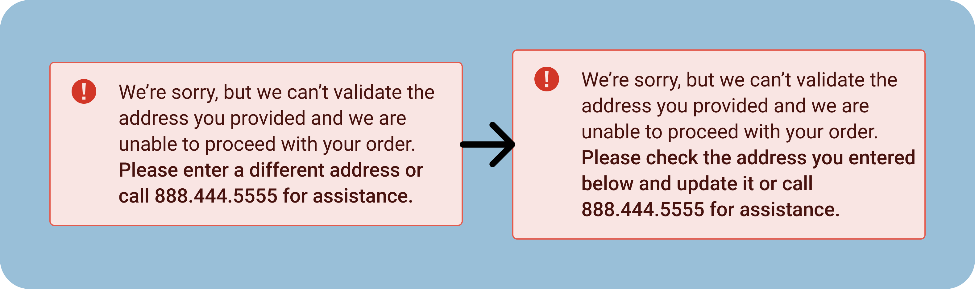 Two red error messages saying customer can't proceed with order, with arrow showing progression from earlier message on left to revised message on right.