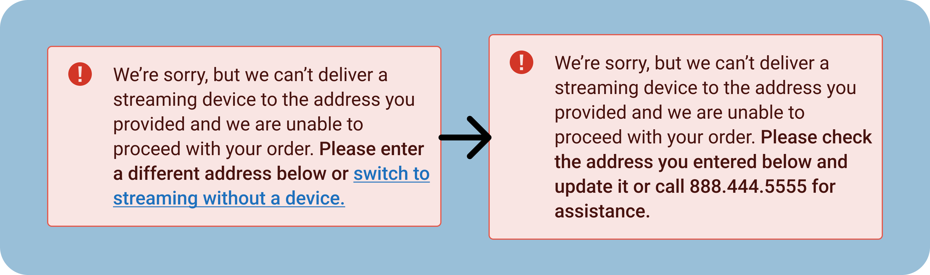 Two modals; first modal has a link but updated modal indicated with an arrow does not