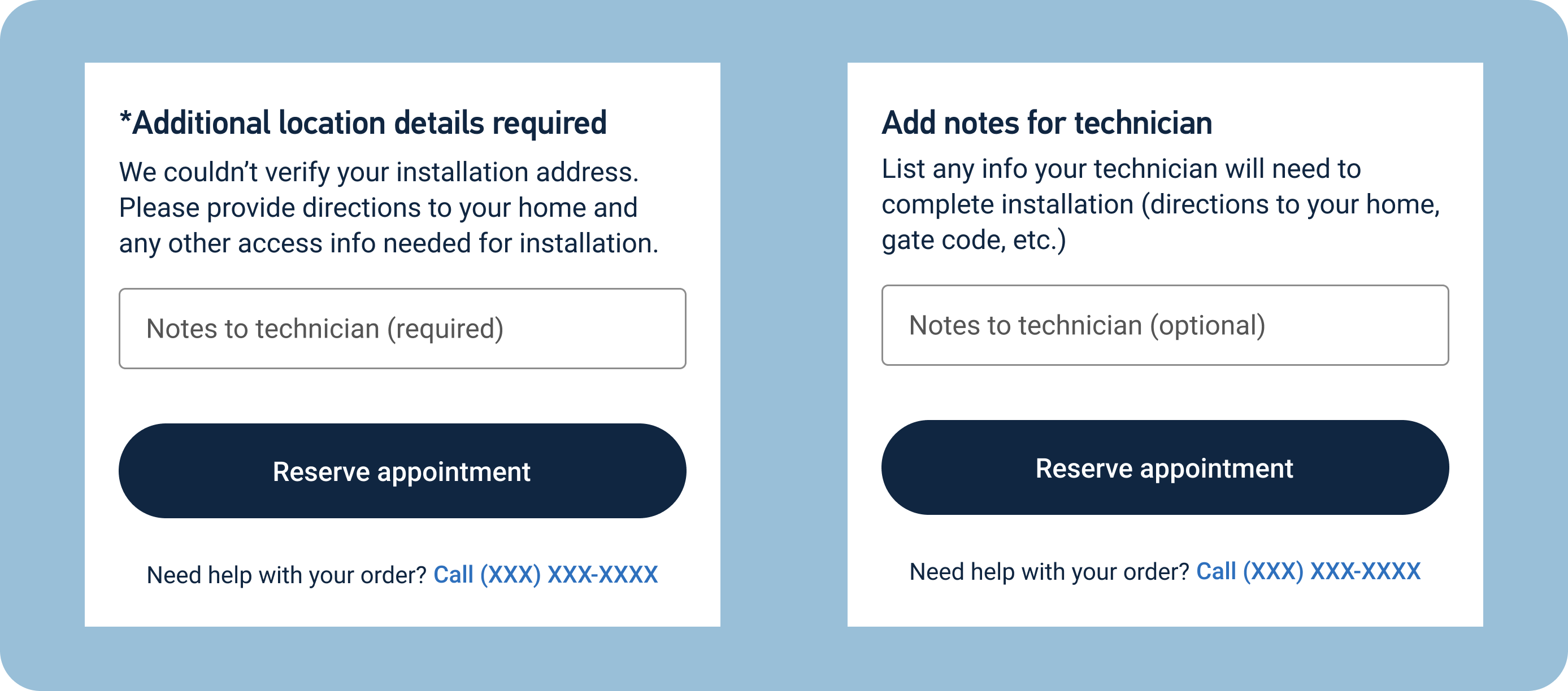 two web forms: location details on the first form, technician notes on the second form