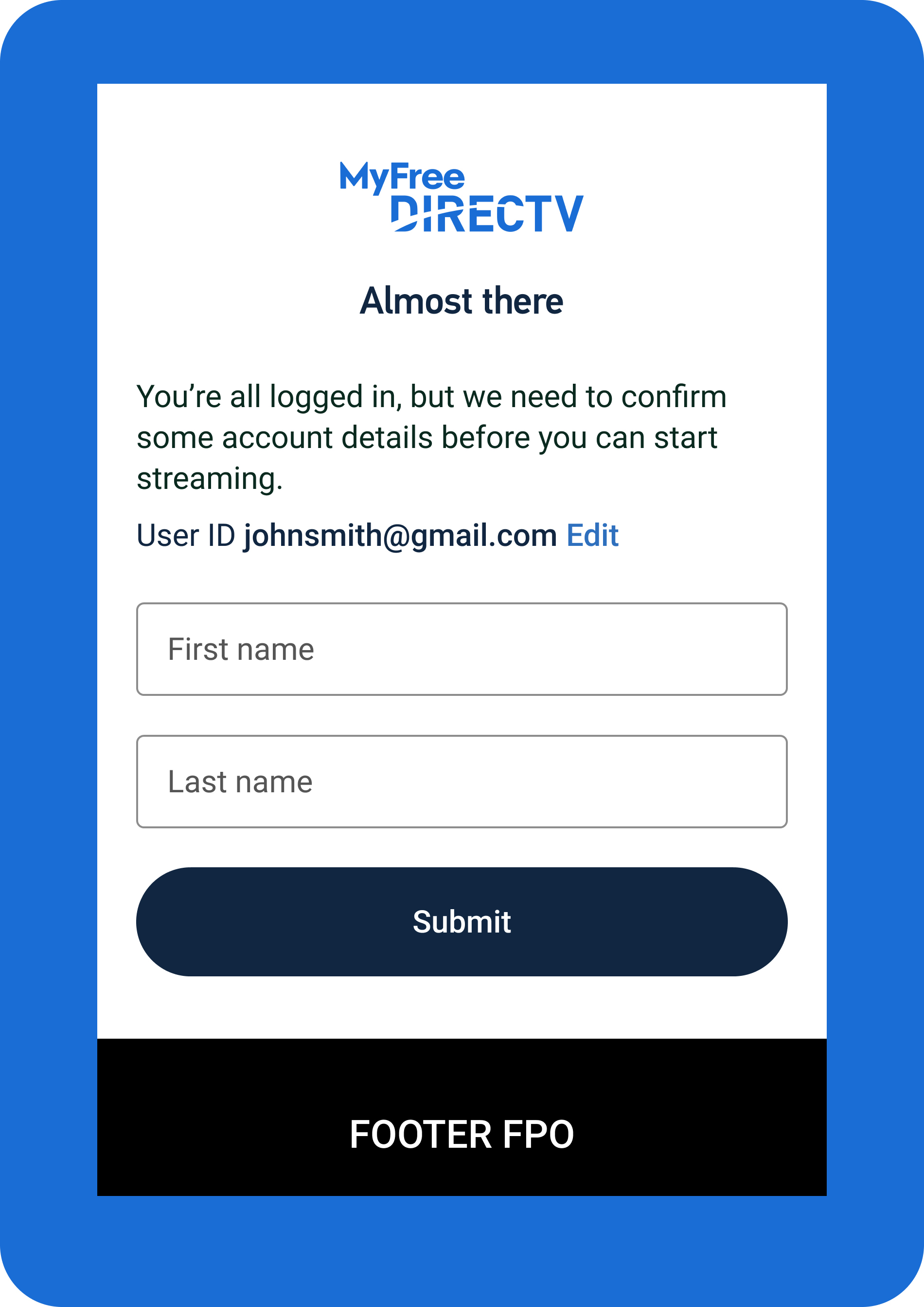 Website page asking for customer's first and last name.