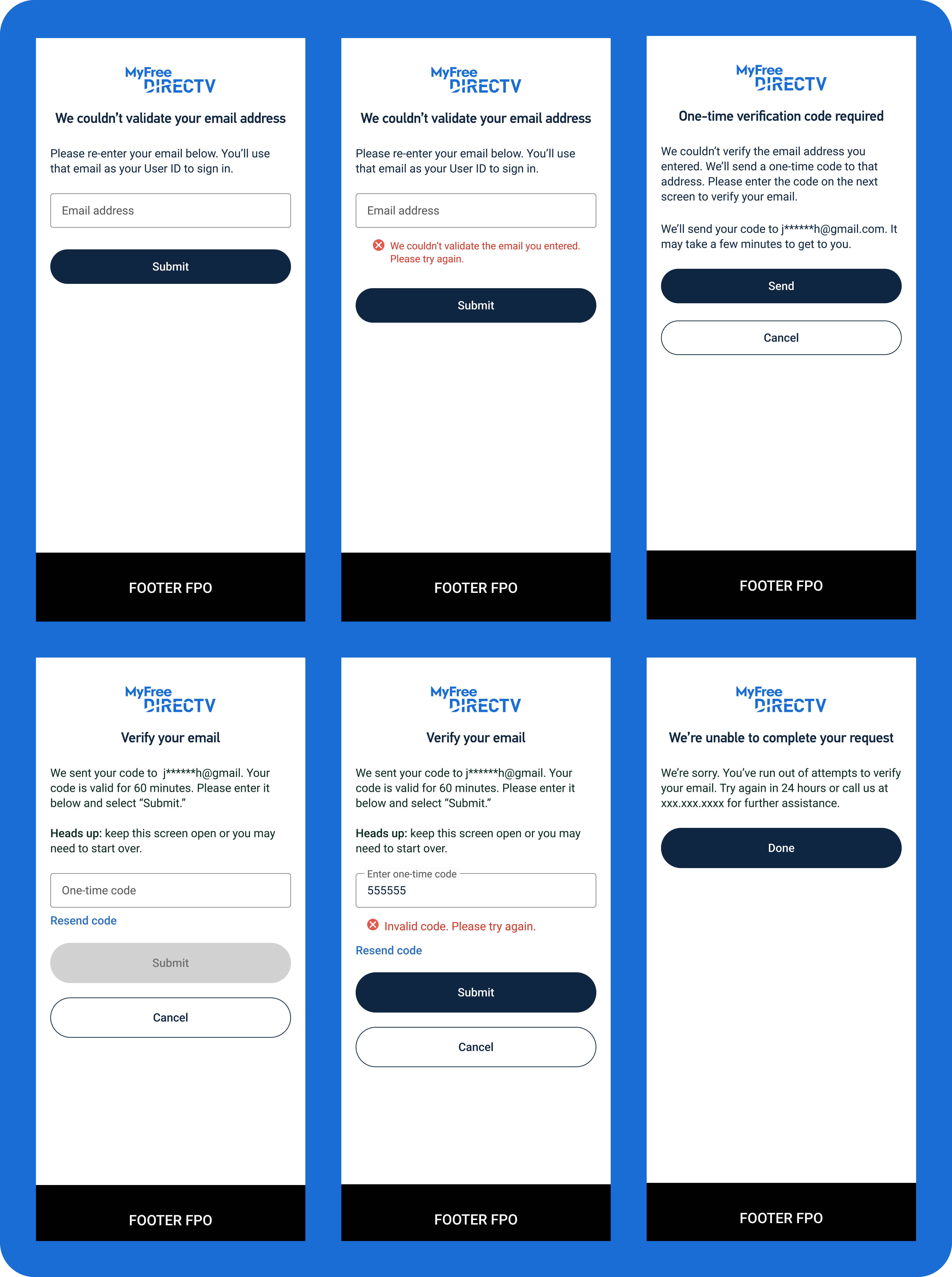 Six mobile website screens validating user's email with a one-time pin