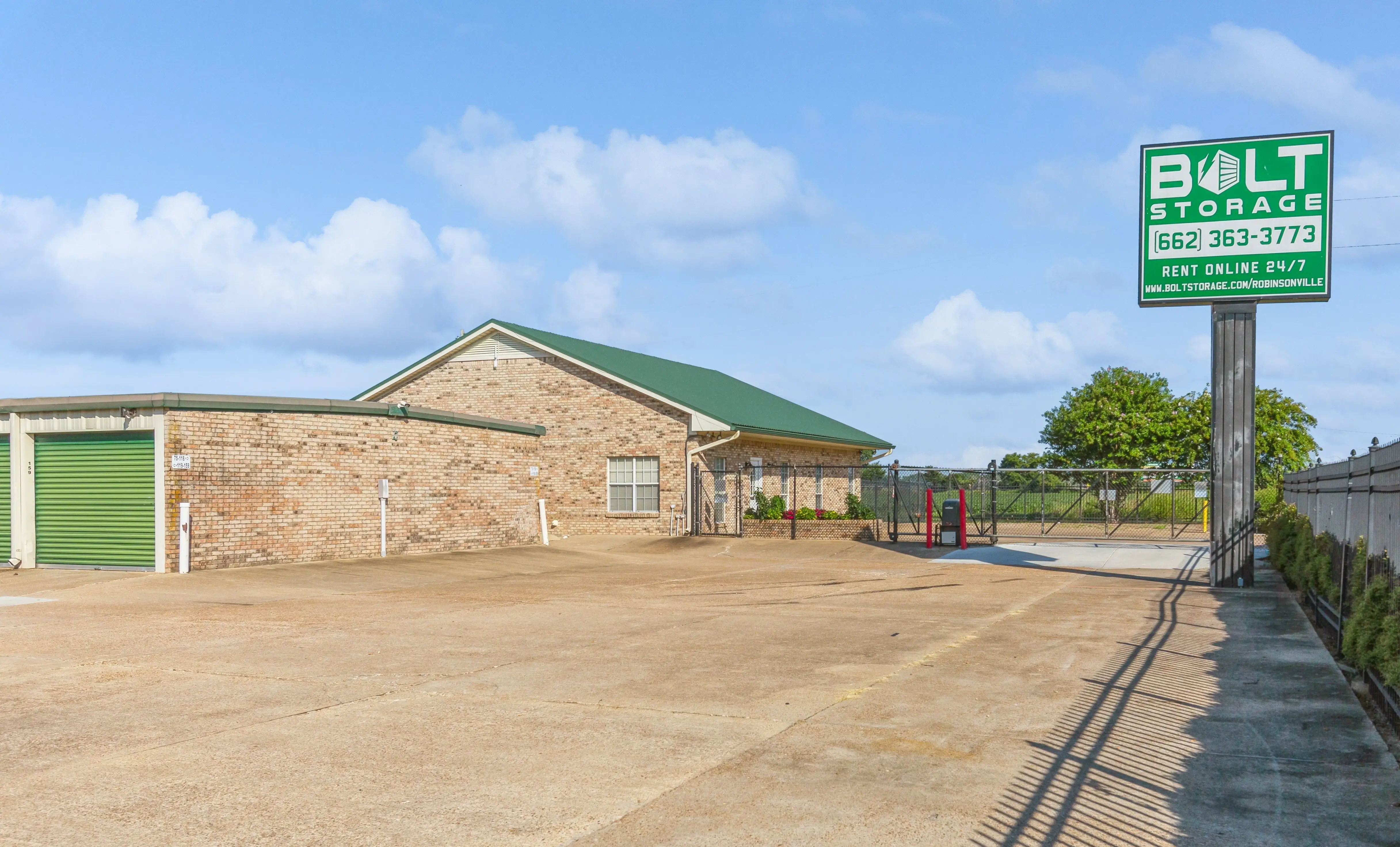 A bolt storage self storage facility with a gate