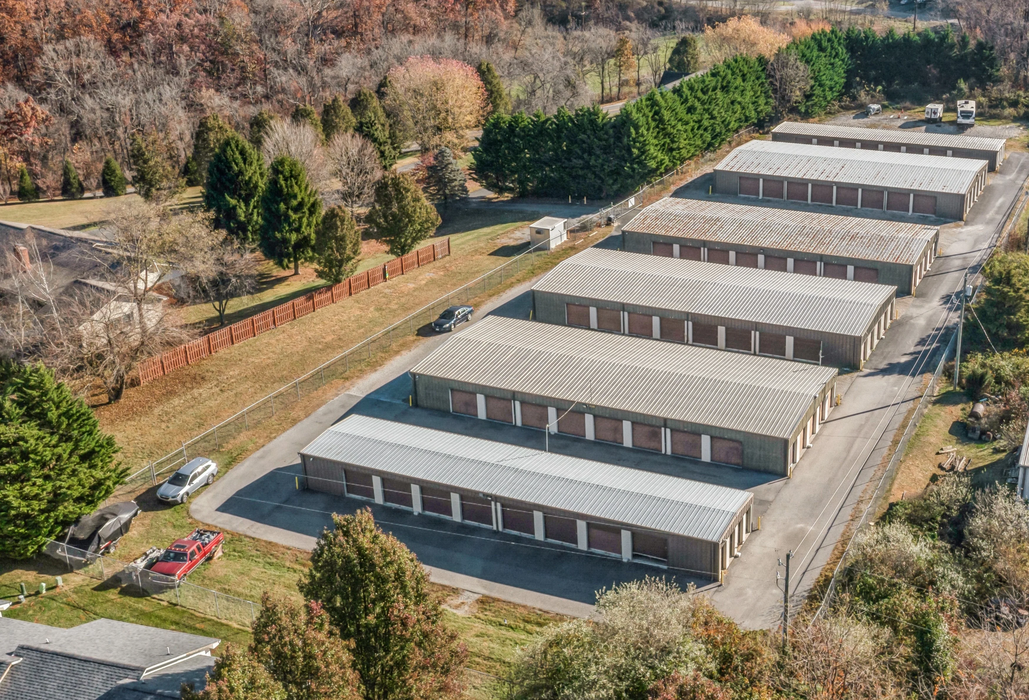 Aerial photo of several outdoor storage buildings and drive aisles at Bolt Storage in Christiansburg, VA.