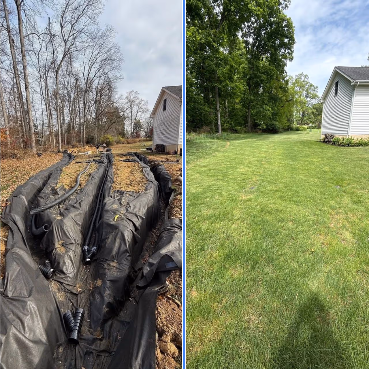 Before and after yard transformation completed by E&J Landscaping