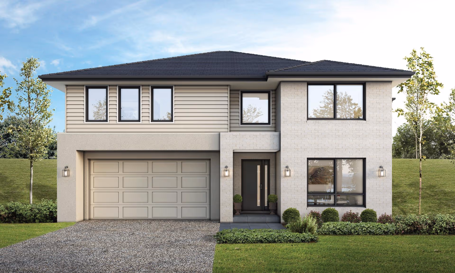 Modern two-story house with a beige exterior, large windows, and a black roof. A double garage is on the left. The front yard is landscaped and lush.