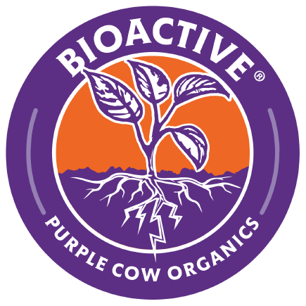 Bioactive logo with a plant featuring leaves and roots inside a circle, purple background with orange center, and text 'BIOACTIVE' and 'PURPLE COW ORGANICS'.