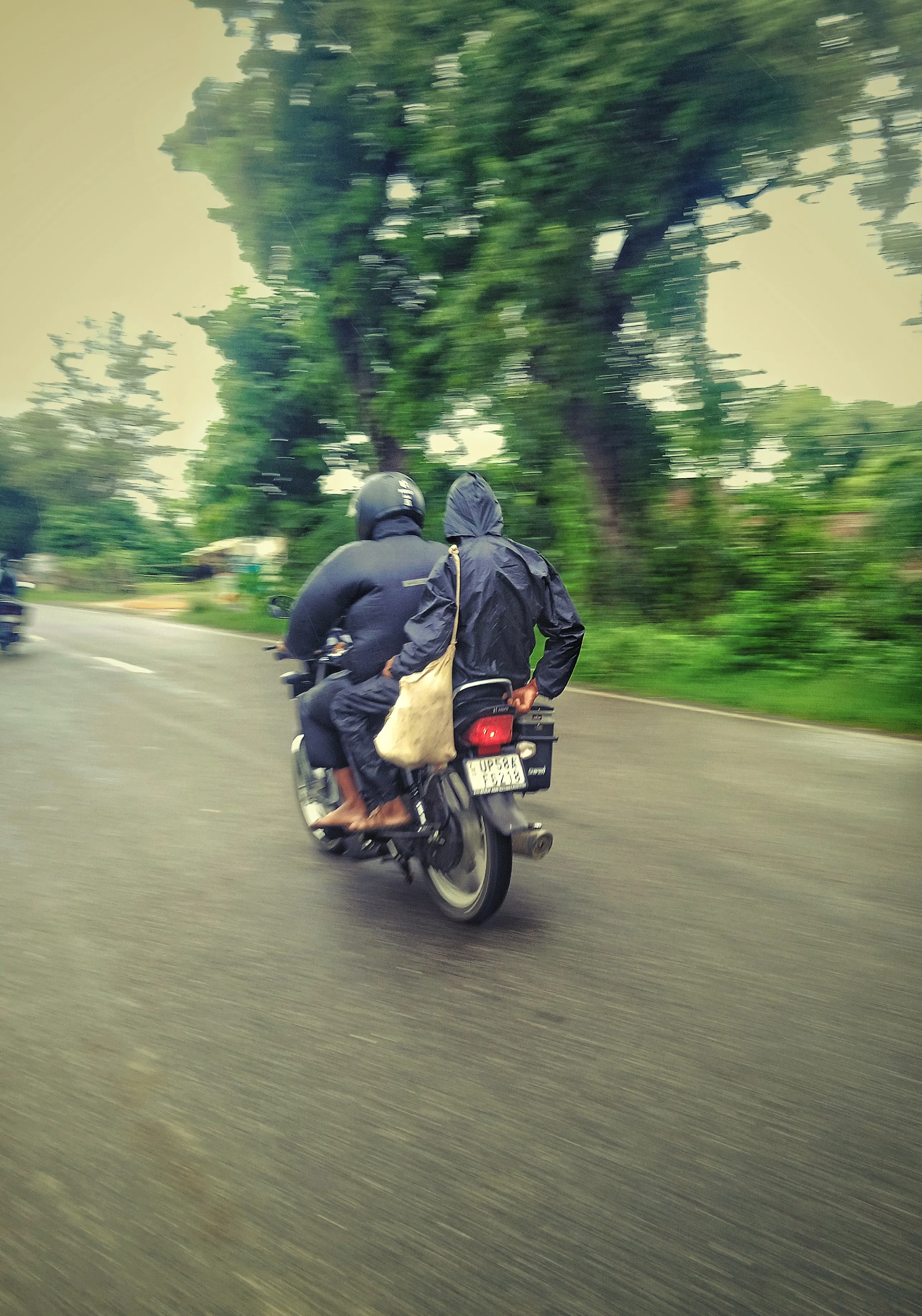 Two people wearing raincoats riding a motorcycle on a wet road surrounded by green trees.