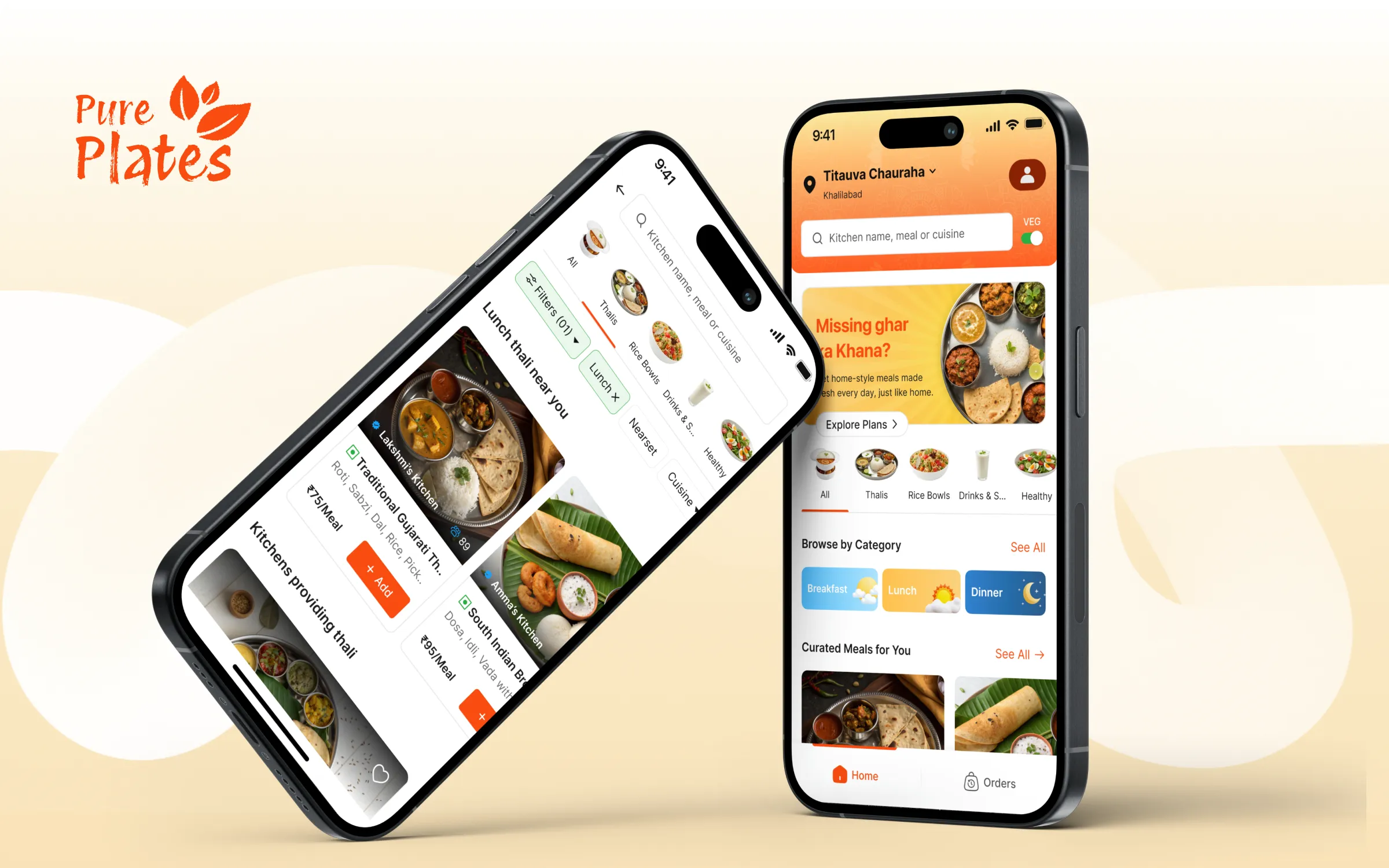 Two smartphones displaying the Pure Plates app interface showing meal options including traditional Gujarati thali and South Indian breakfast with search and filter options.