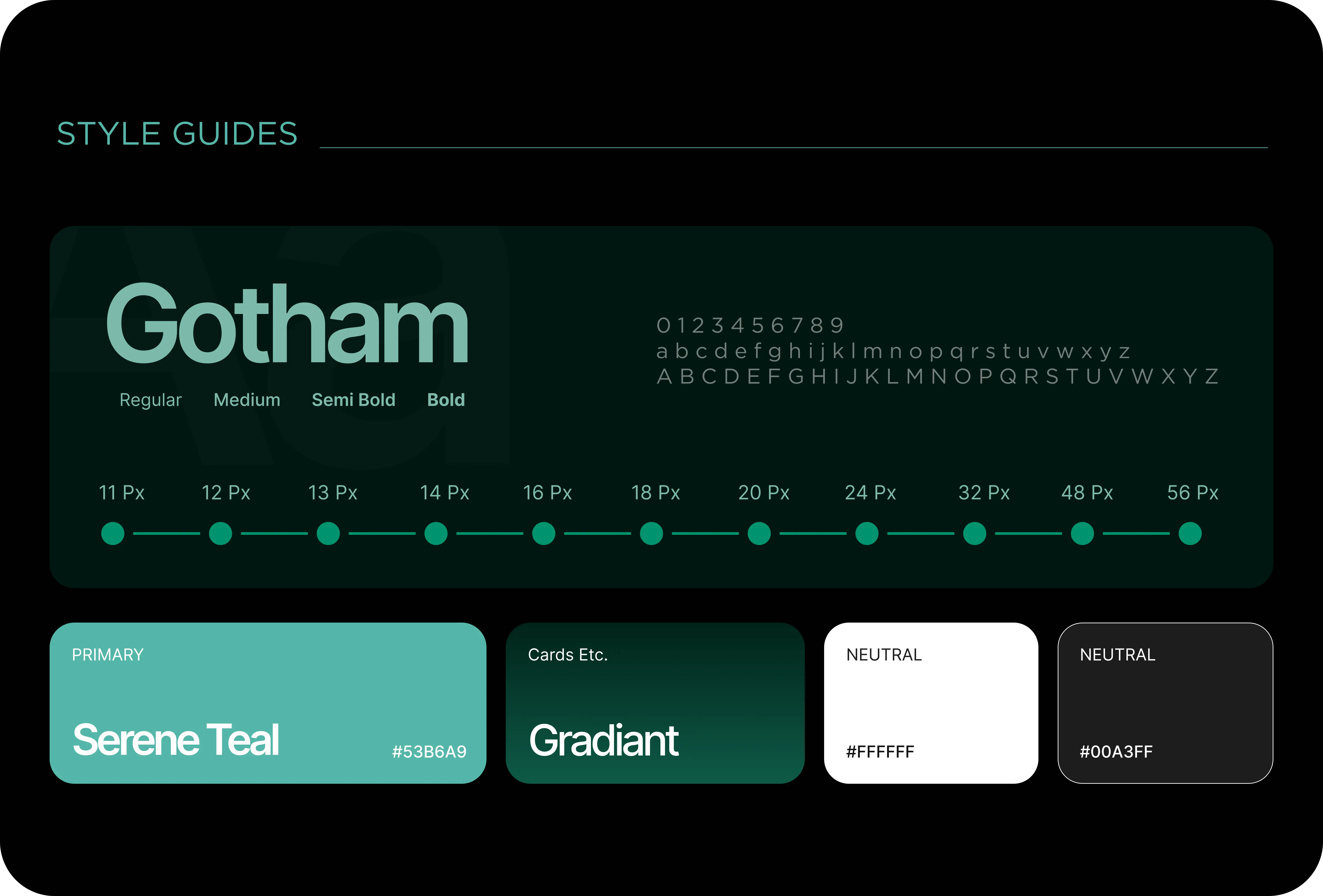 Style guide displaying Gotham font in weights from Regular to Bold with sizes from 11 to 56 px, along with color swatches labeled Primary Serene Teal #53B6A9, Cards Gradient, Neutral white #FFFFFF, and Neutral blue #00A3FF.