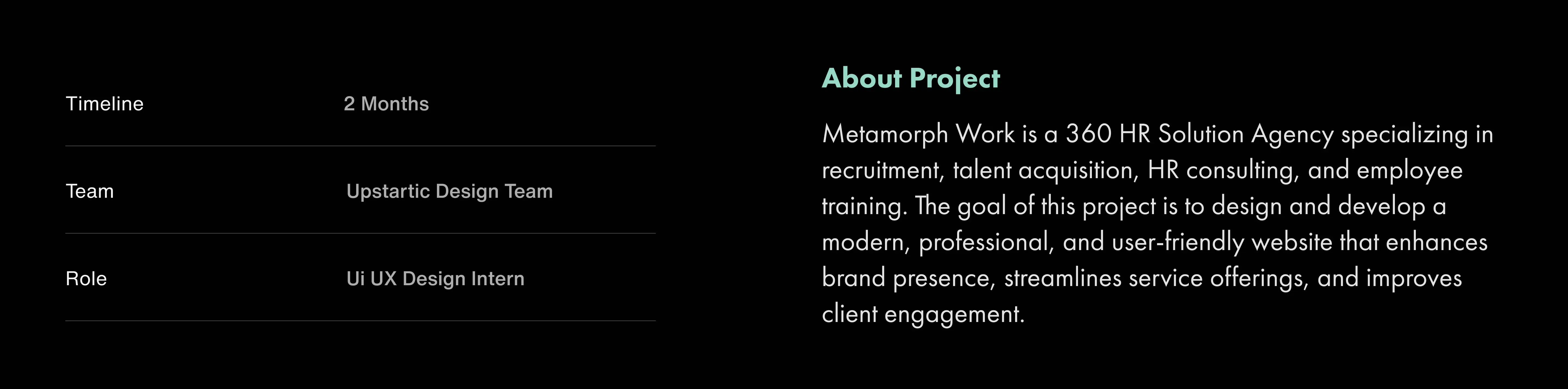 Project details listing a 2-month timeline, Upstartic Design Team as the team, and Ui UX Design Intern as the role, alongside About Project text describing Metamorph Work as a 360 HR Solution Agency focused on recruitment, talent acquisition, HR consulting, and employee training, aiming to design a modern, professional, user-friendly website to enhance brand presence, streamline services, and improve client engagement.