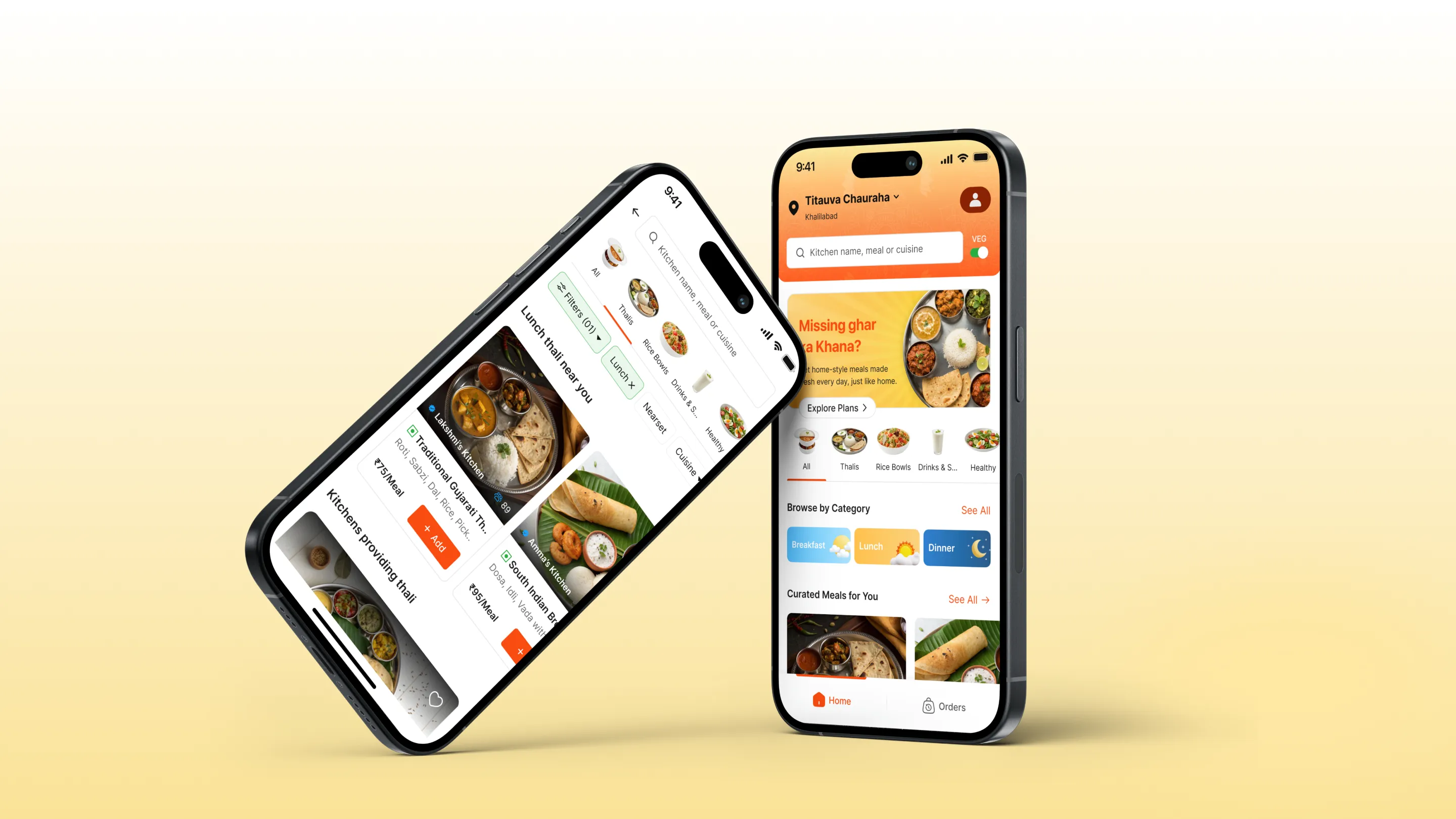 Two smartphones displaying a food delivery app with meal options, categories, and search functionality on a light yellow gradient background.