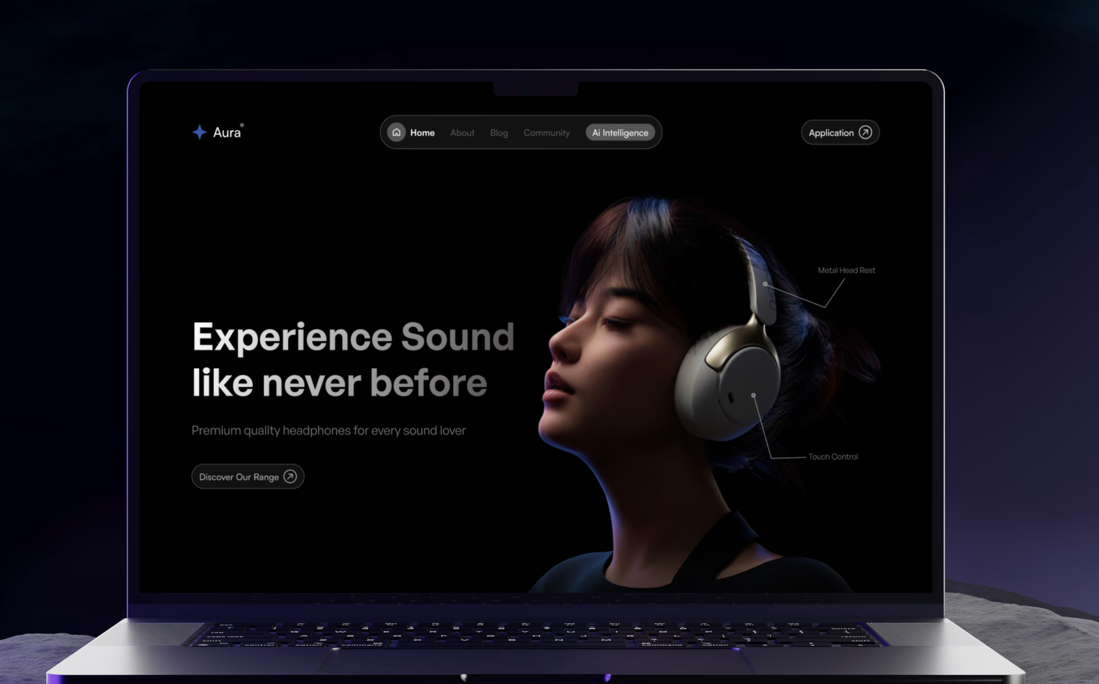 Laptop screen showing a website with a woman wearing over-ear headphones and text 'Experience Sound like never before'.