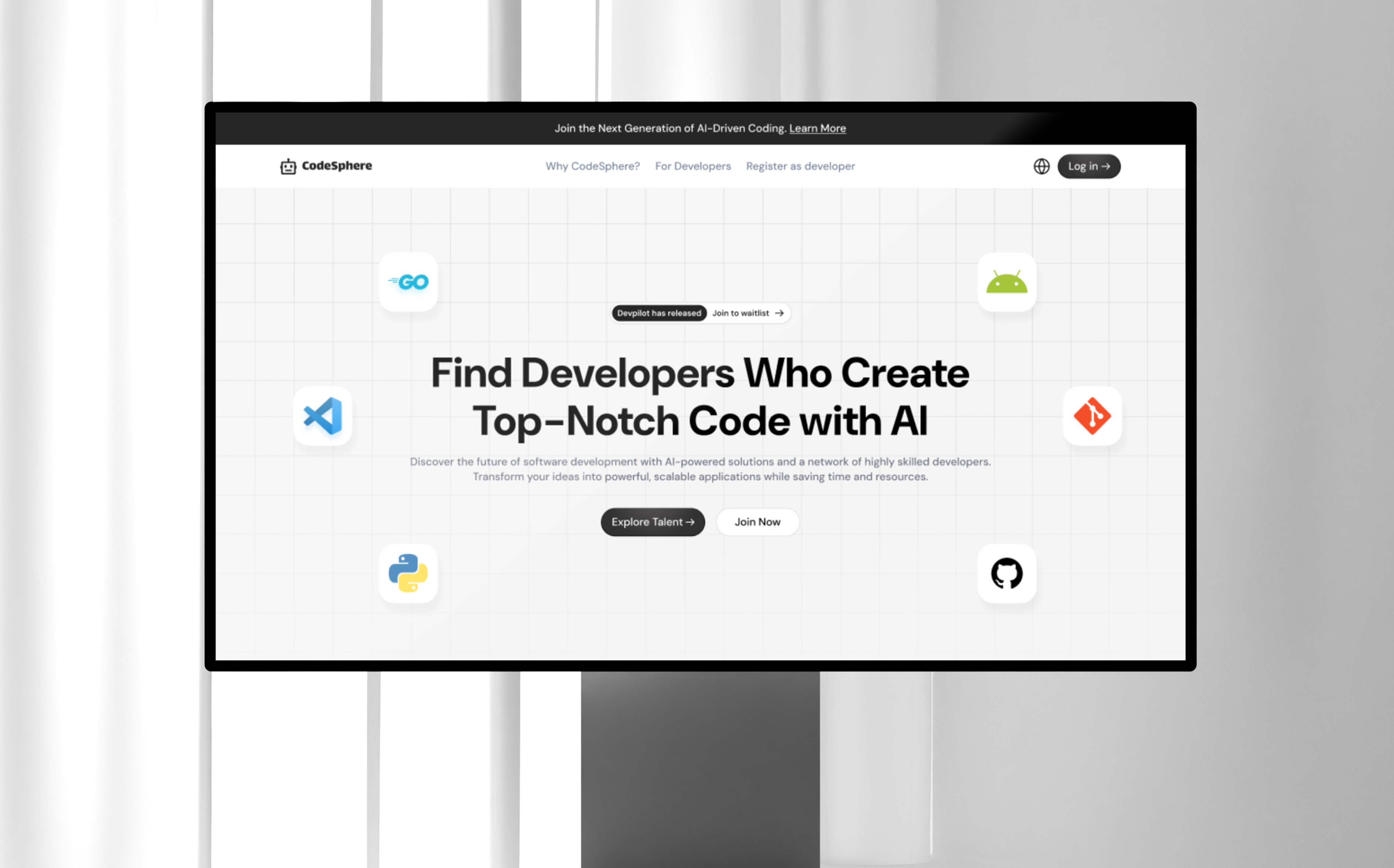 Computer monitor displaying CodeSphere website with headline 'Find Developers Who Create Top-Notch Code with AI' and various programming language logos.