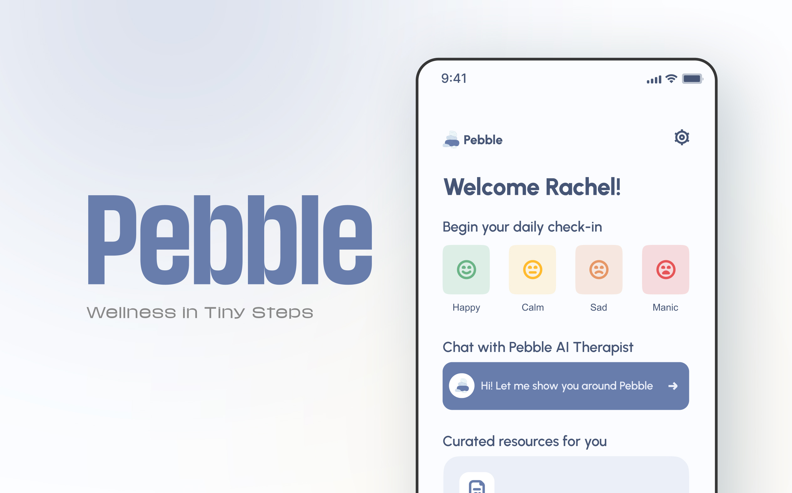 Mobile app screen for Pebble wellness app showing daily mood check-in with options Happy, Calm, Sad, and Manic, and a chat button for AI therapist.