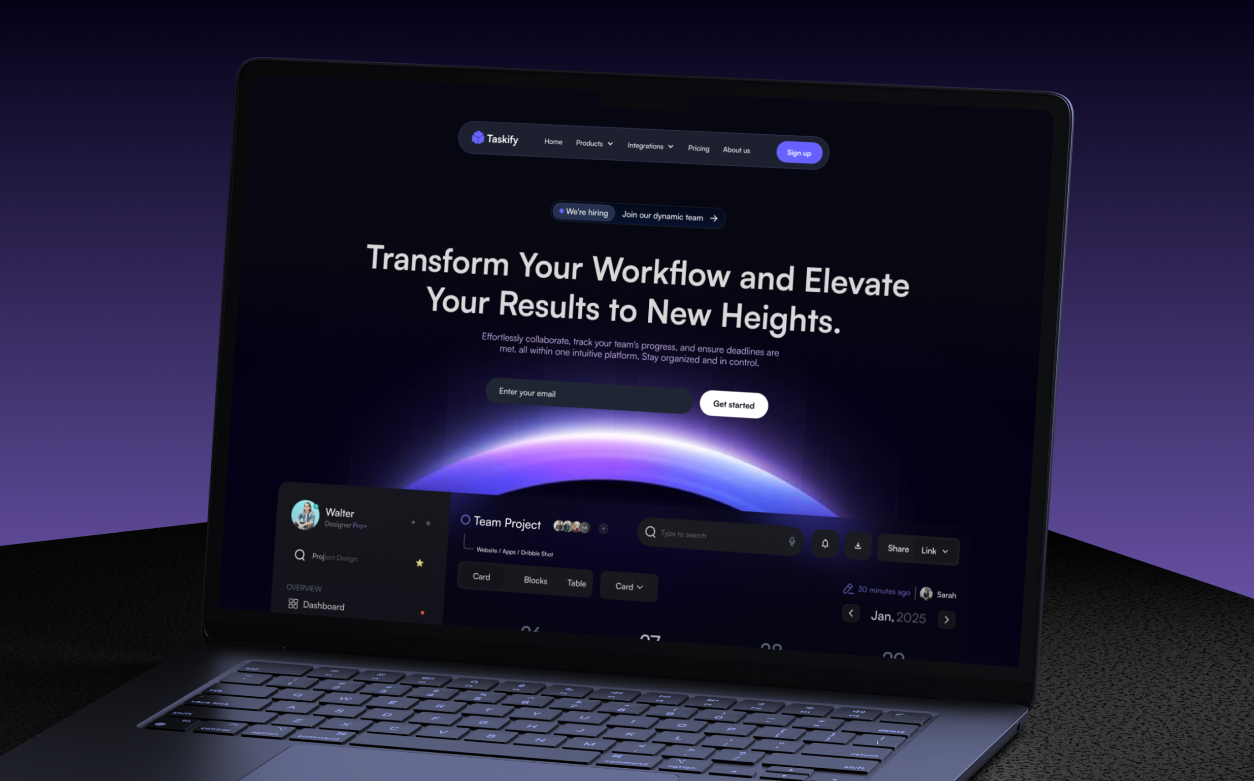Laptop screen displaying a dark-themed workflow management platform with the headline 'Transform Your Workflow and Elevate Your Results to New Heights.' and a glowing horizon graphic.