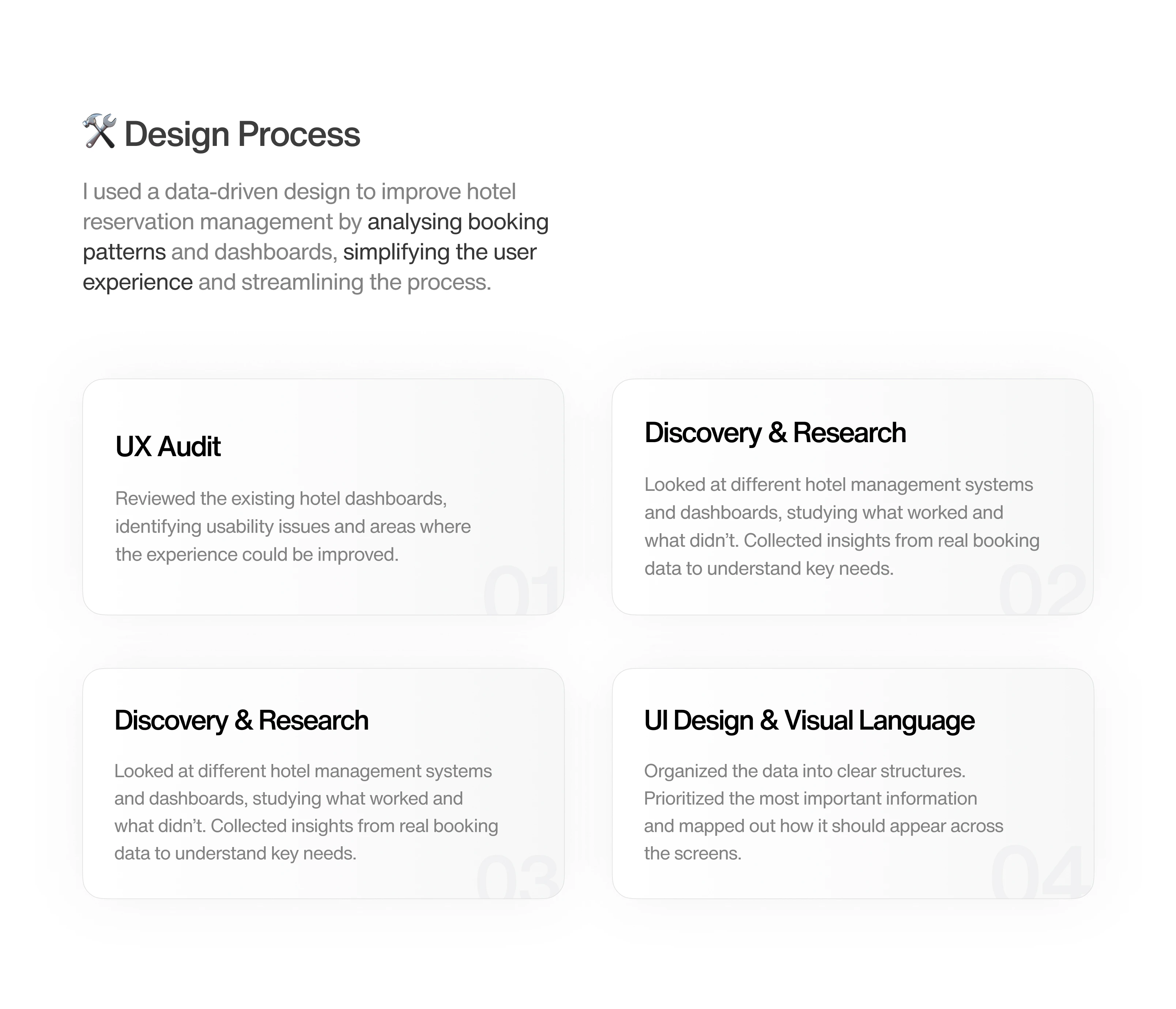 Design process overview with four steps: UX Audit reviewing hotel dashboards for usability issues; Discovery & Research analyzing hotel management systems and booking data; repeated Discovery & Research step; and UI Design & Visual Language organizing data and prioritizing information across screens.